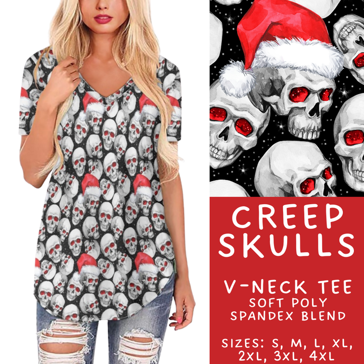 Batch #413 - Merry Creepmas 2 - Closes 9/15 - ETA early November - Creep Skulls V-Neck Tee