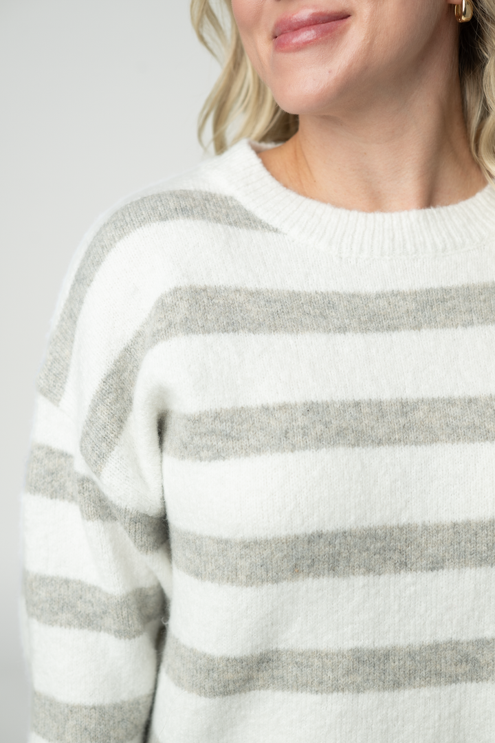 IN STOCK Cozy Stripe Sweater - Grey and White