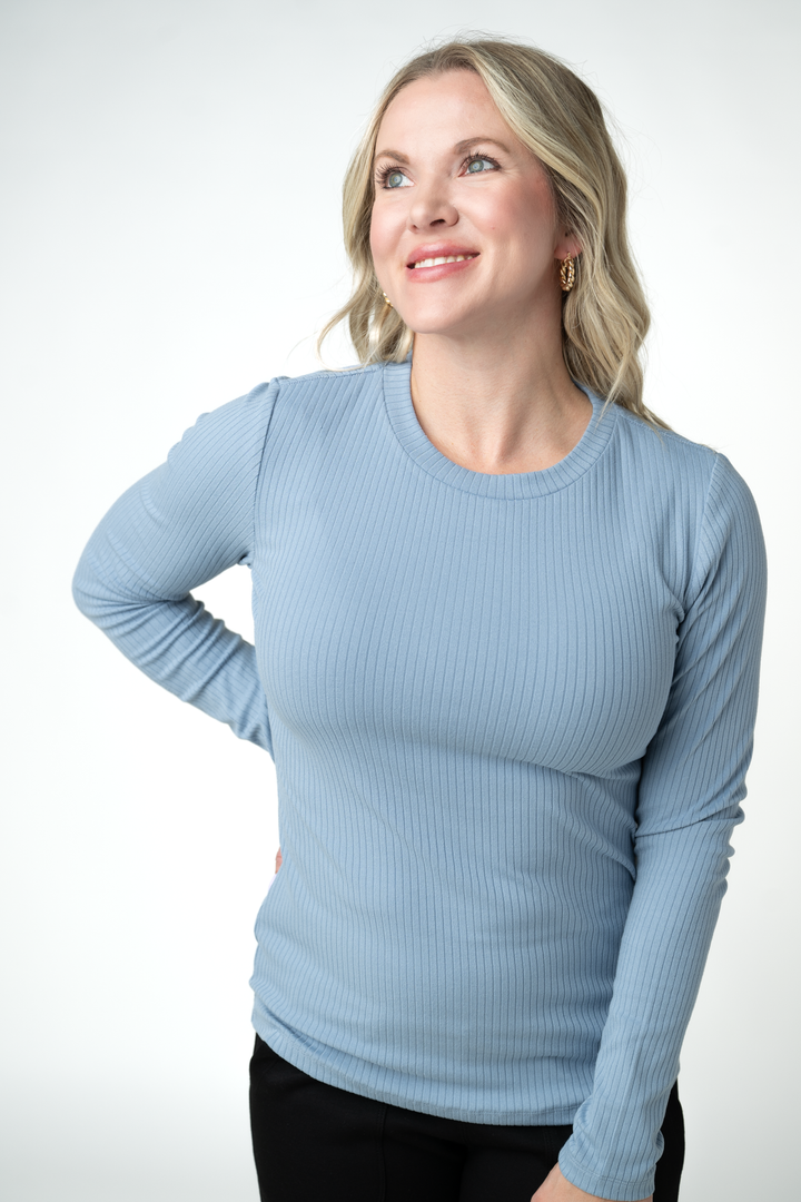 IN STOCK Reese Ribbed Long Sleeve Top - Dusty Blue