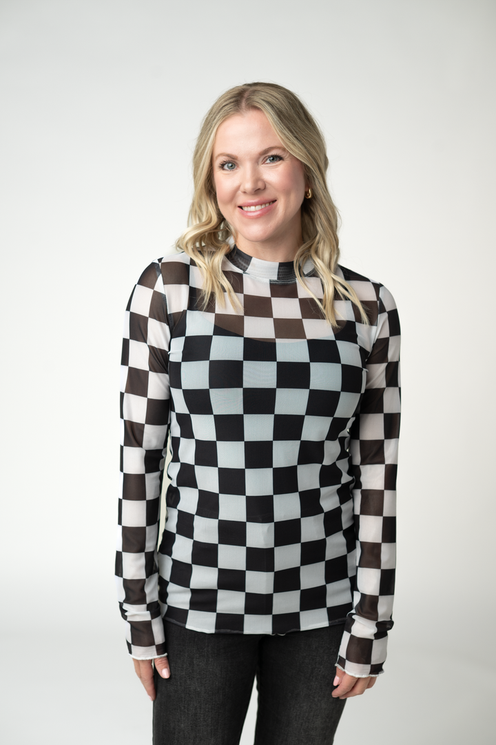 IN STOCK Blair Mesh Long Sleeve Top - Black and White Checkers