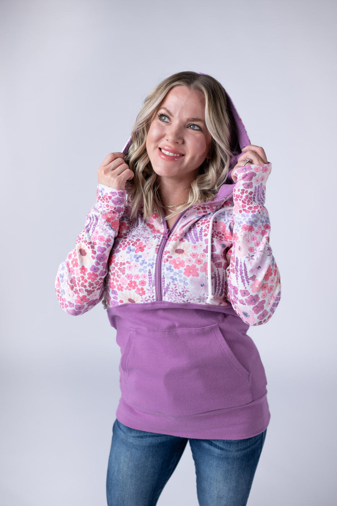 IN STOCK Halfzip Hoodie - Coral Sunset Floral and Mauve