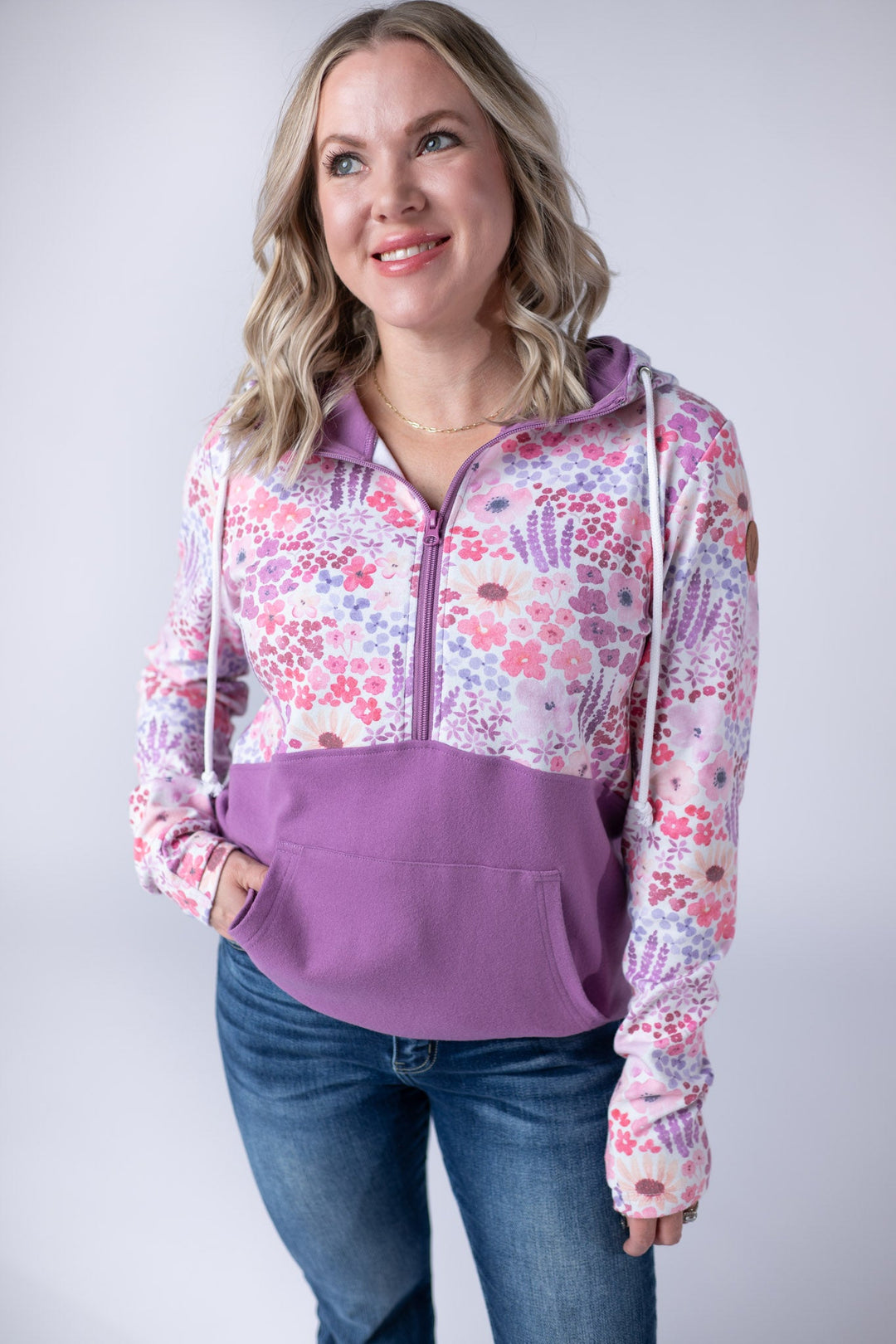 IN STOCK Halfzip Hoodie - Coral Sunset Floral and Mauve