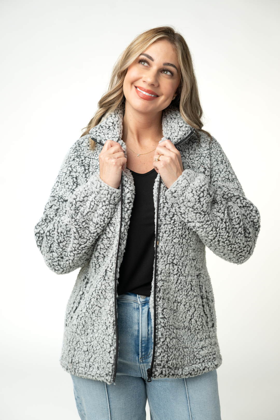 IN STOCK Two Tone Fullzip Sherpa - Charcoal and White