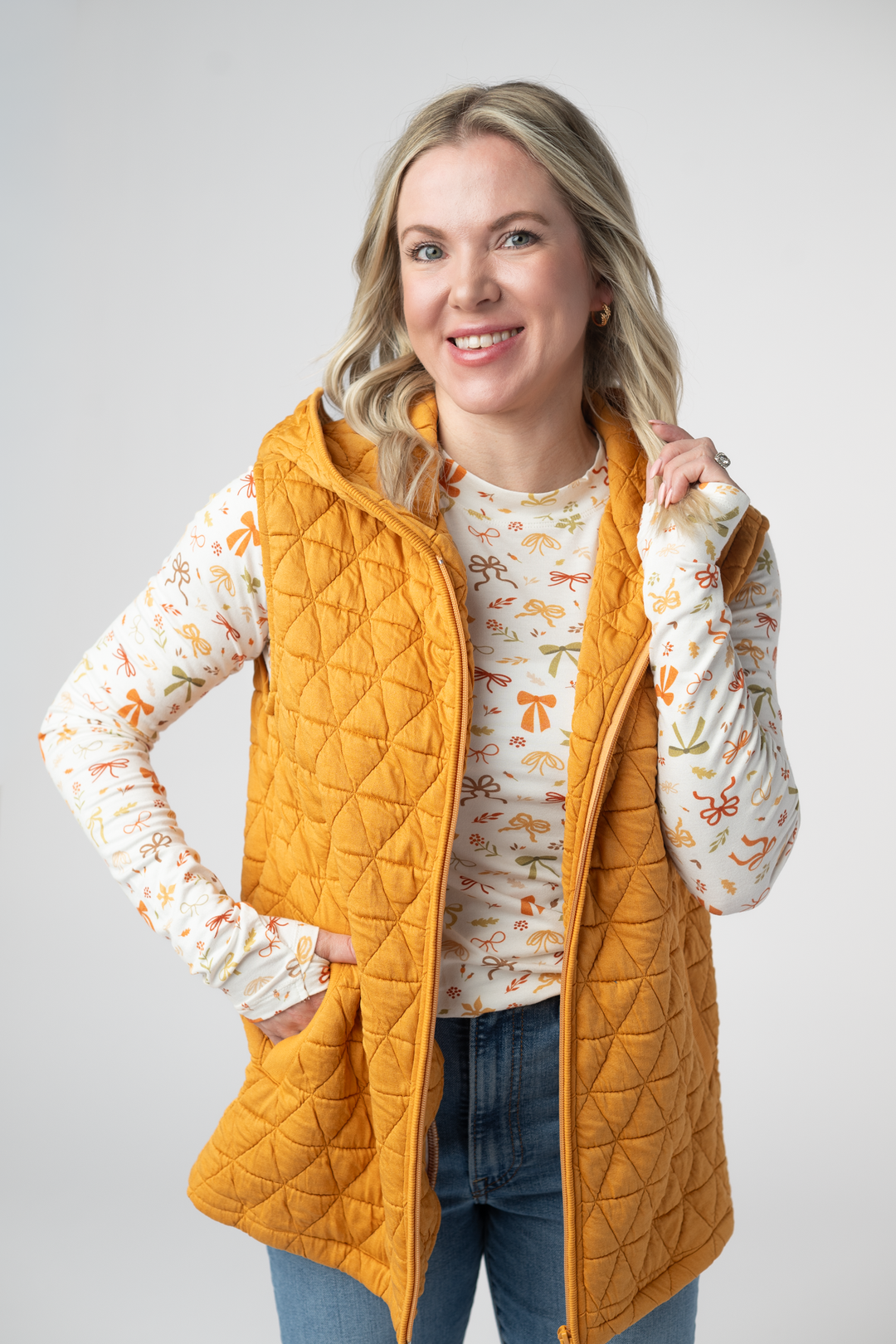 IN STOCK Heather Geometric Hooded Vest - Mustard