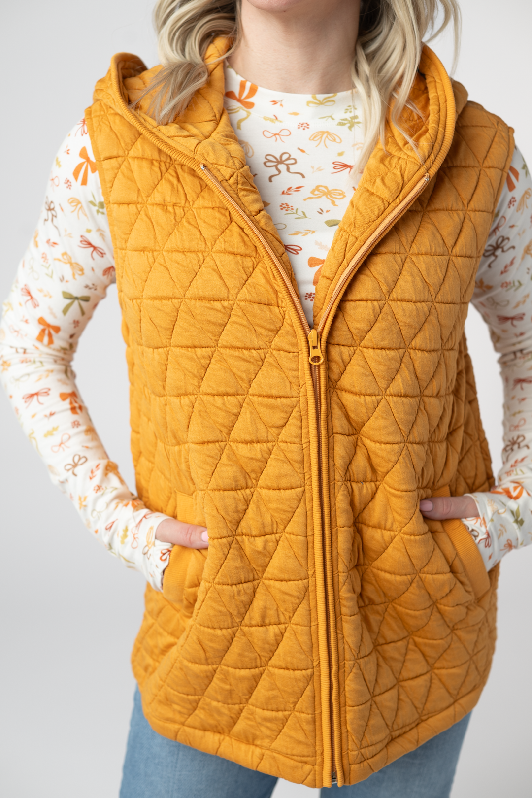 IN STOCK Heather Geometric Hooded Vest - Mustard