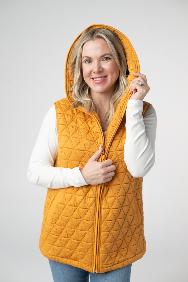 IN STOCK Heather Geometric Hooded Vest - Mustard