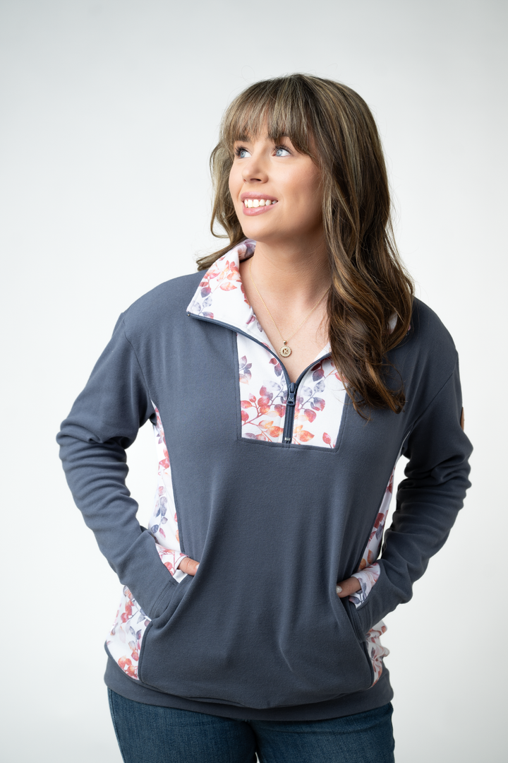 IN STOCK Rowan Zip Pullover - Slate Blue and Autumn Watercolor