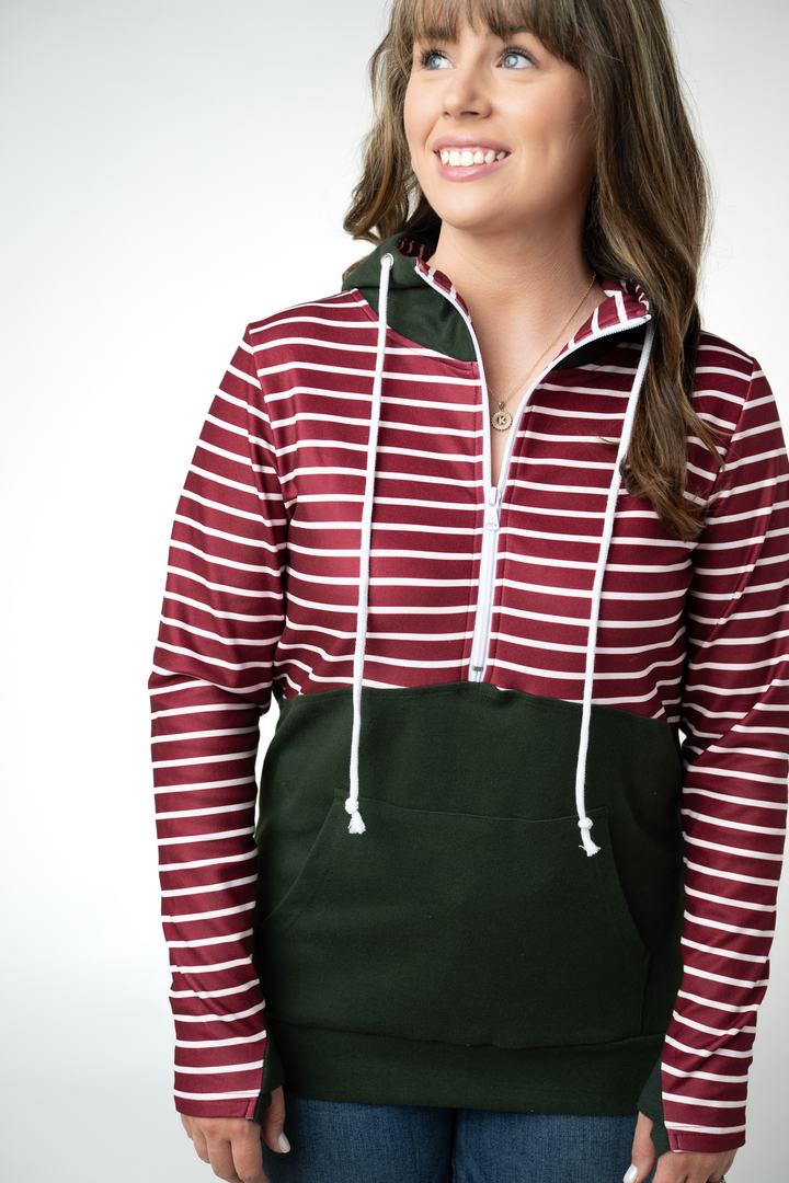 IN STOCK Soft Classic HalfZip Hoodie - Evergreen and Burgundy Stripes