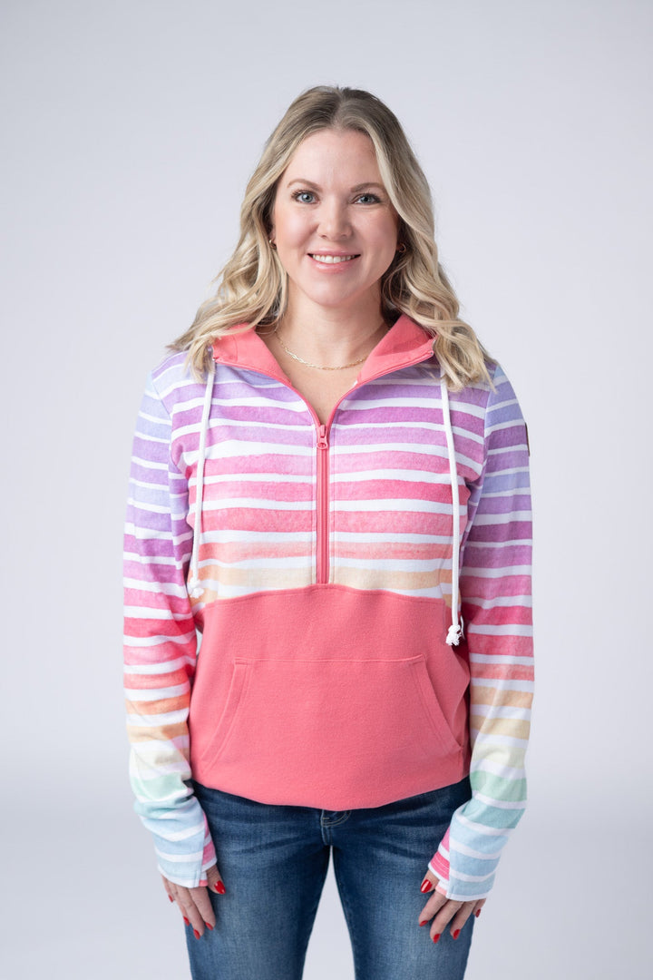 IN STOCK Classic Halfzip Hoodie - Rainbow Stripes and Sun Kissed Coral