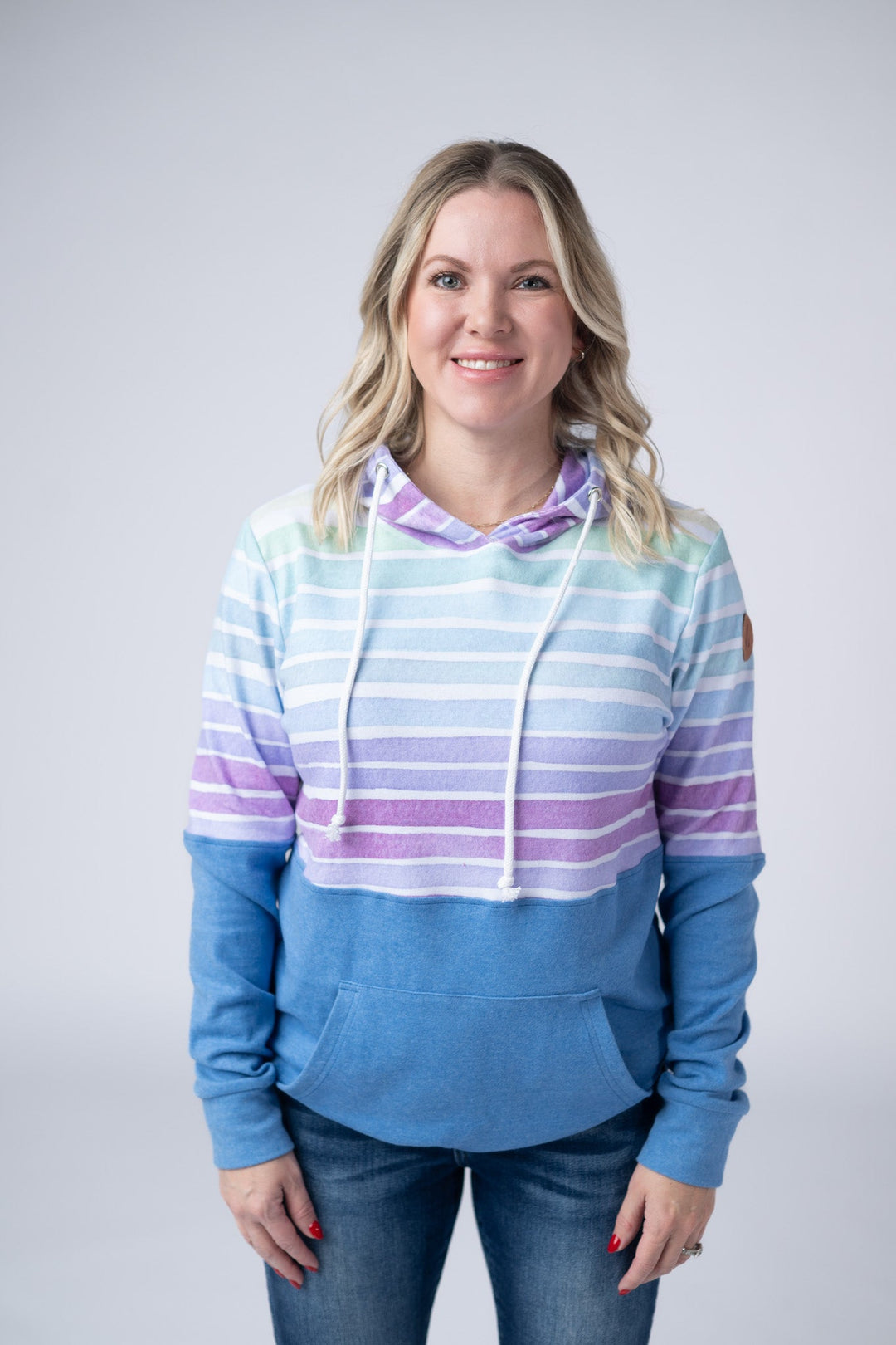IN STOCK Hailey Pullover Hoodie - Rainbow Stripes and Blue