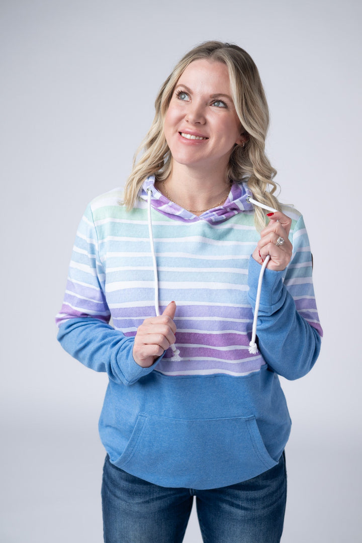 IN STOCK Hailey Pullover Hoodie - Rainbow Stripes and Blue