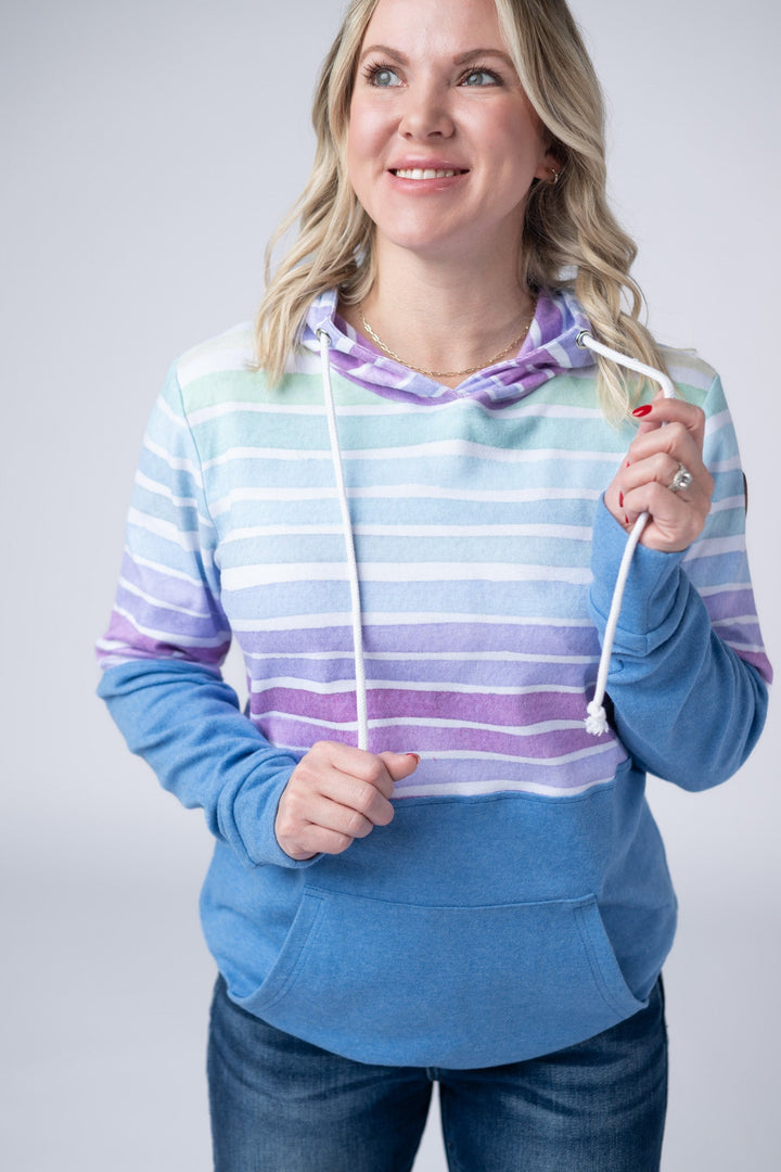 IN STOCK Hailey Pullover Hoodie - Rainbow Stripes and Blue
