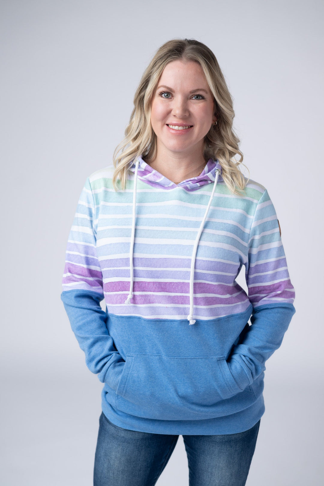 IN STOCK Hailey Pullover Hoodie - Rainbow Stripes and Blue