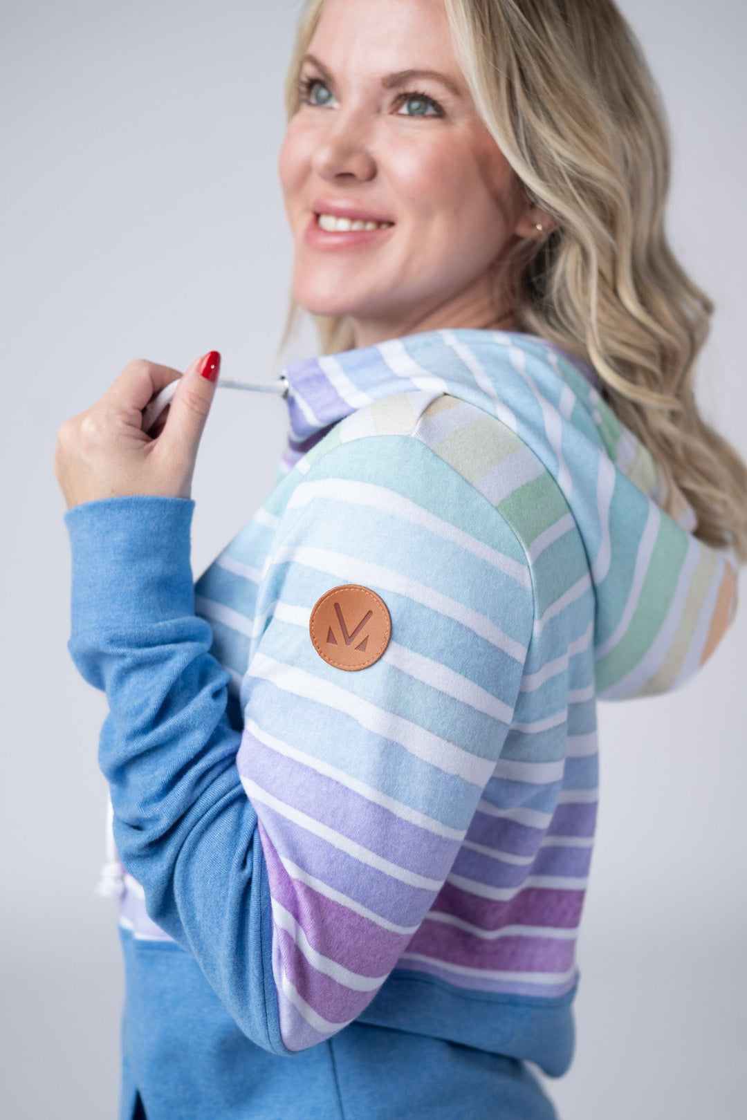 IN STOCK Hailey Pullover Hoodie - Rainbow Stripes and Blue