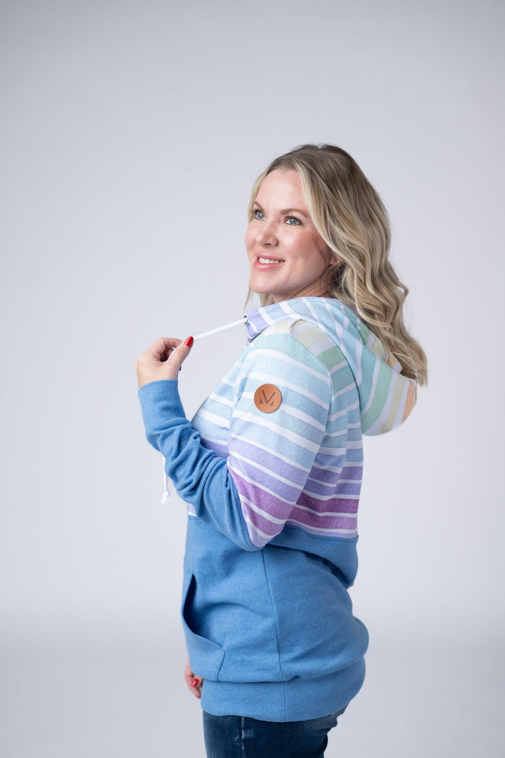 IN STOCK Hailey Pullover Hoodie - Rainbow Stripes and Blue