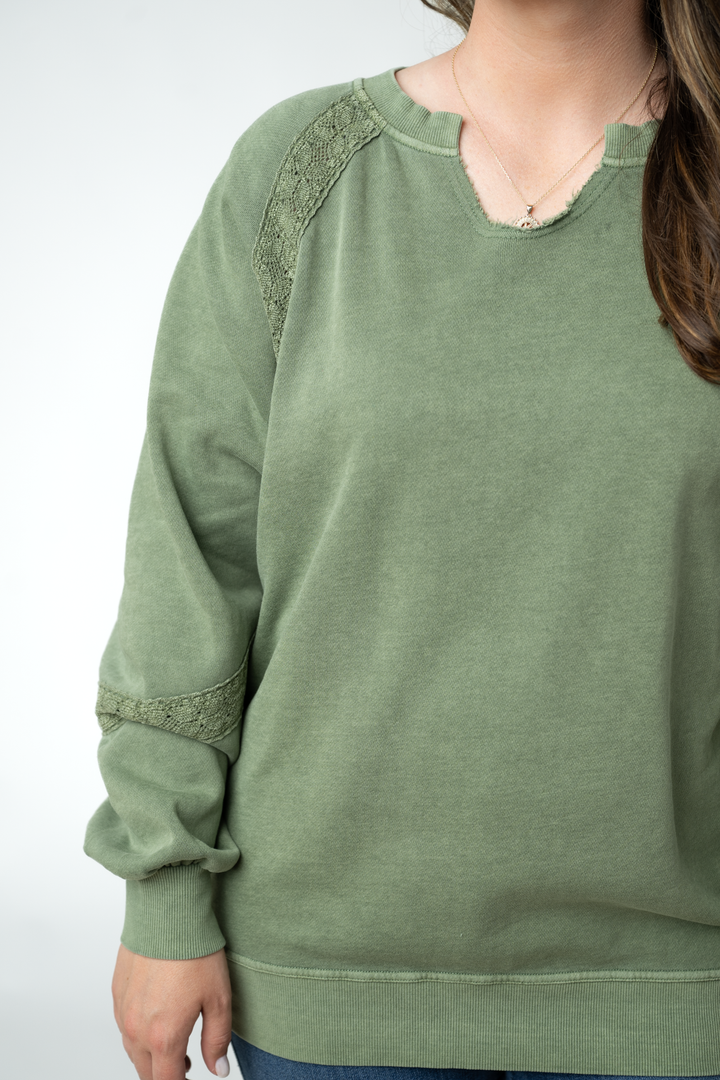 IN STOCK Lace Accent Vintage Wash Pullover - Olive