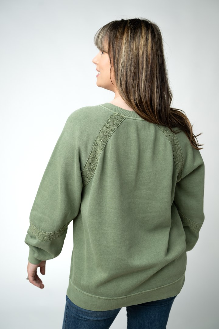 IN STOCK Lace Accent Vintage Wash Pullover - Olive