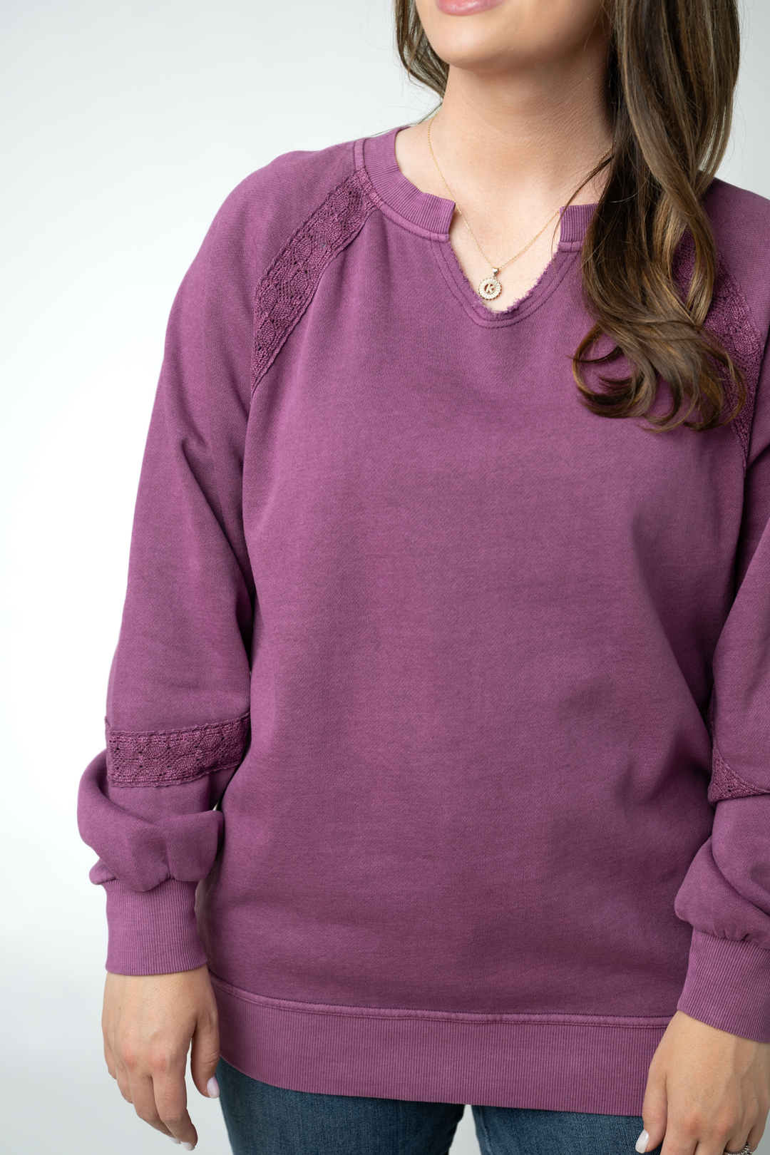 IN STOCK Lace Accent Vintage Wash Pullover - Purple