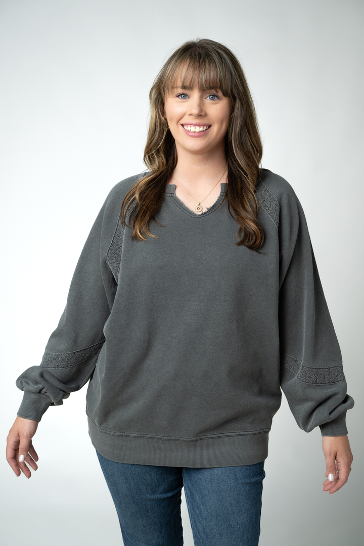 IN STOCK Lace Accent Vintage Wash Pullover - Black