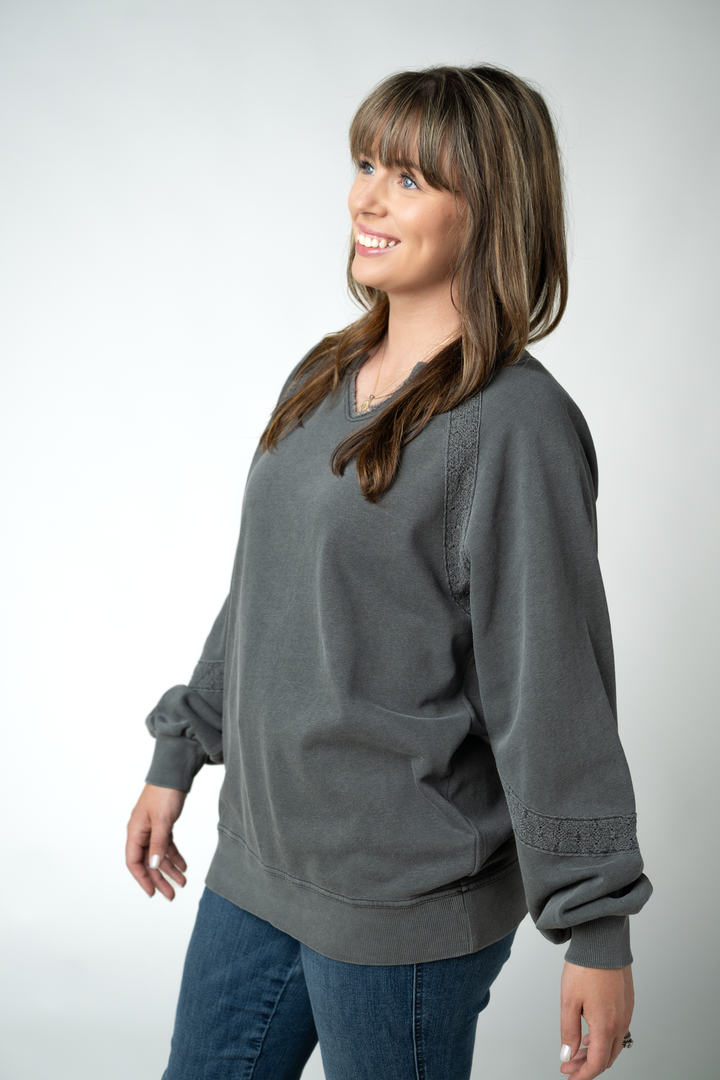 IN STOCK Lace Accent Vintage Wash Pullover - Black