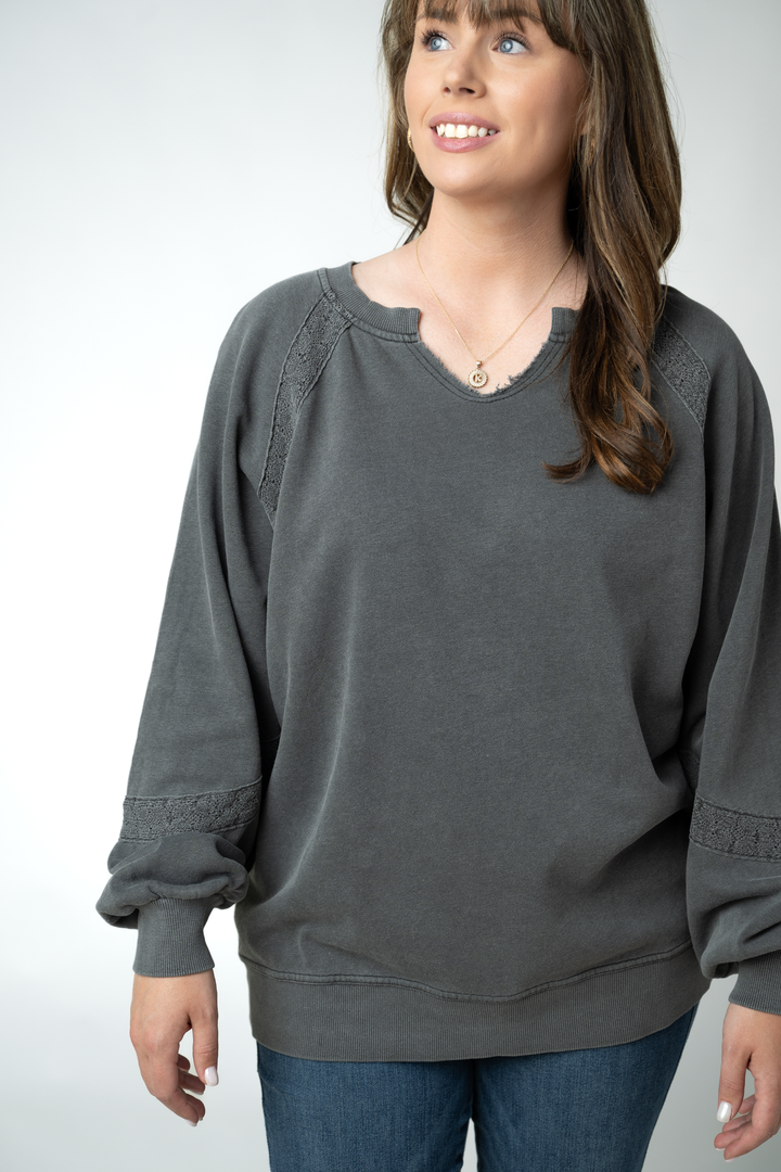 IN STOCK Lace Accent Vintage Wash Pullover - Black