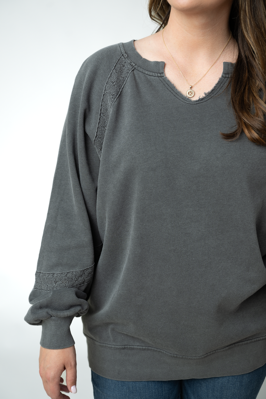 IN STOCK Lace Accent Vintage Wash Pullover - Black