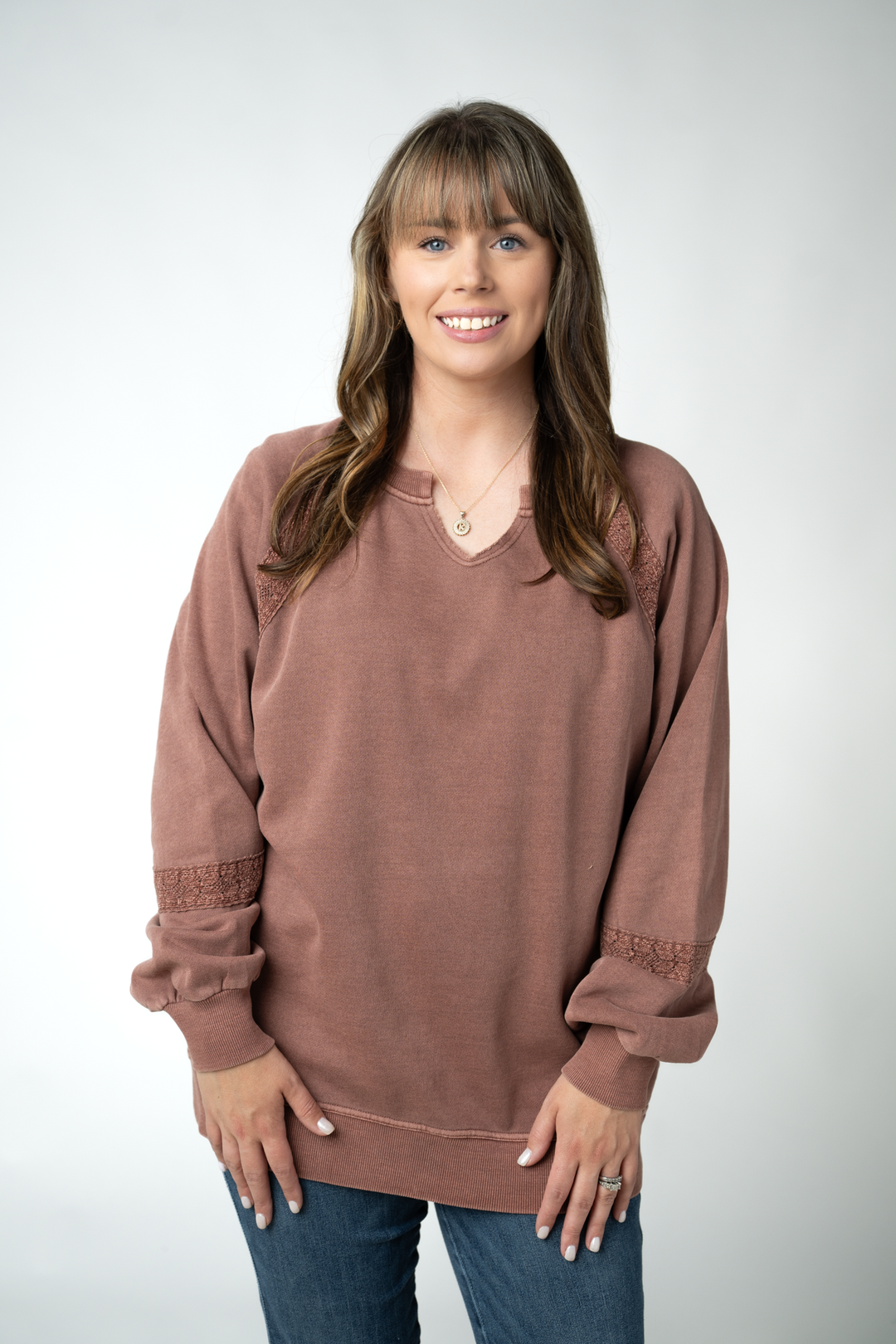 IN STOCK Lace Accent Vintage Wash Pullover - Brown