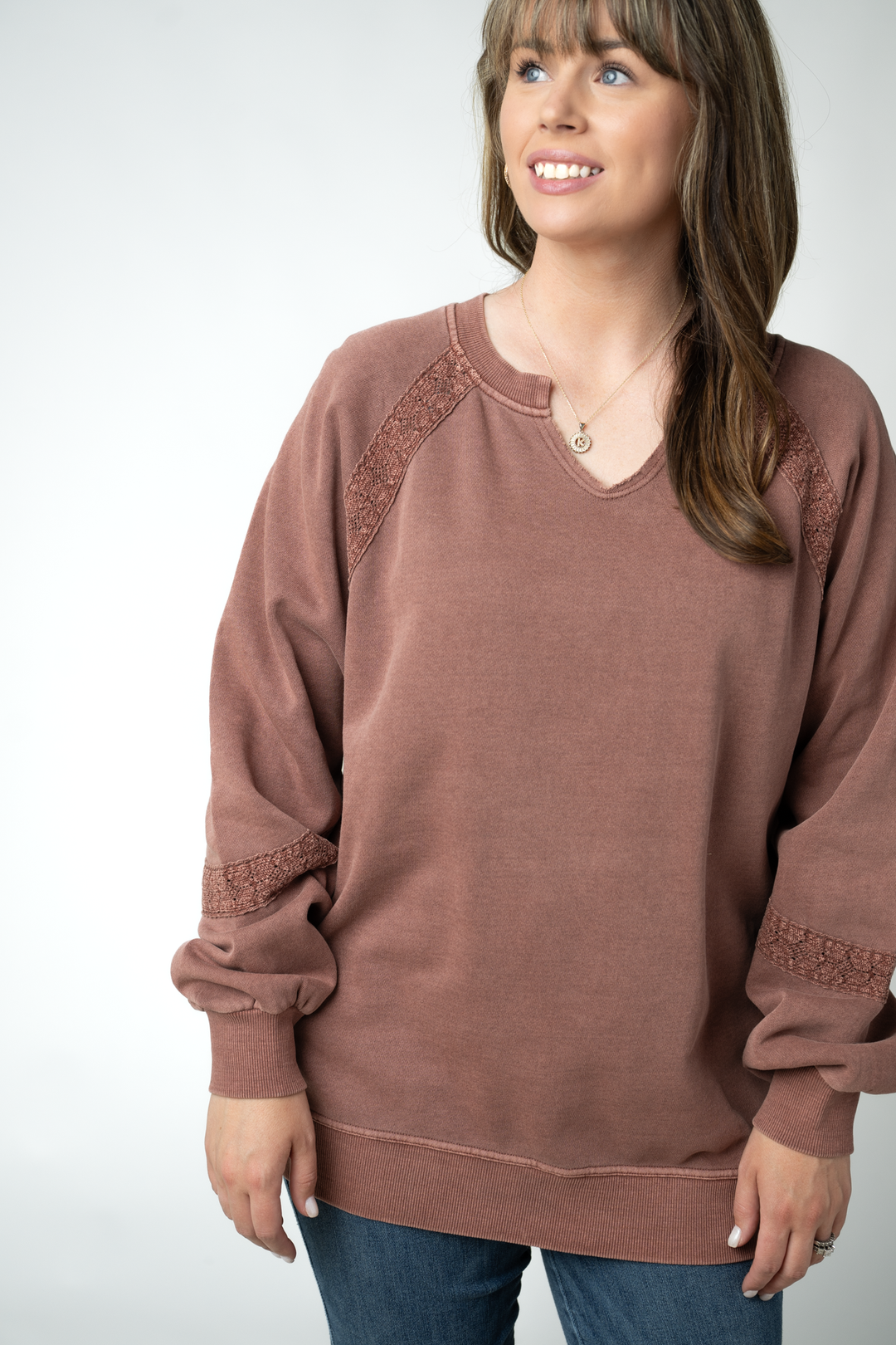 IN STOCK Lace Accent Vintage Wash Pullover - Brown
