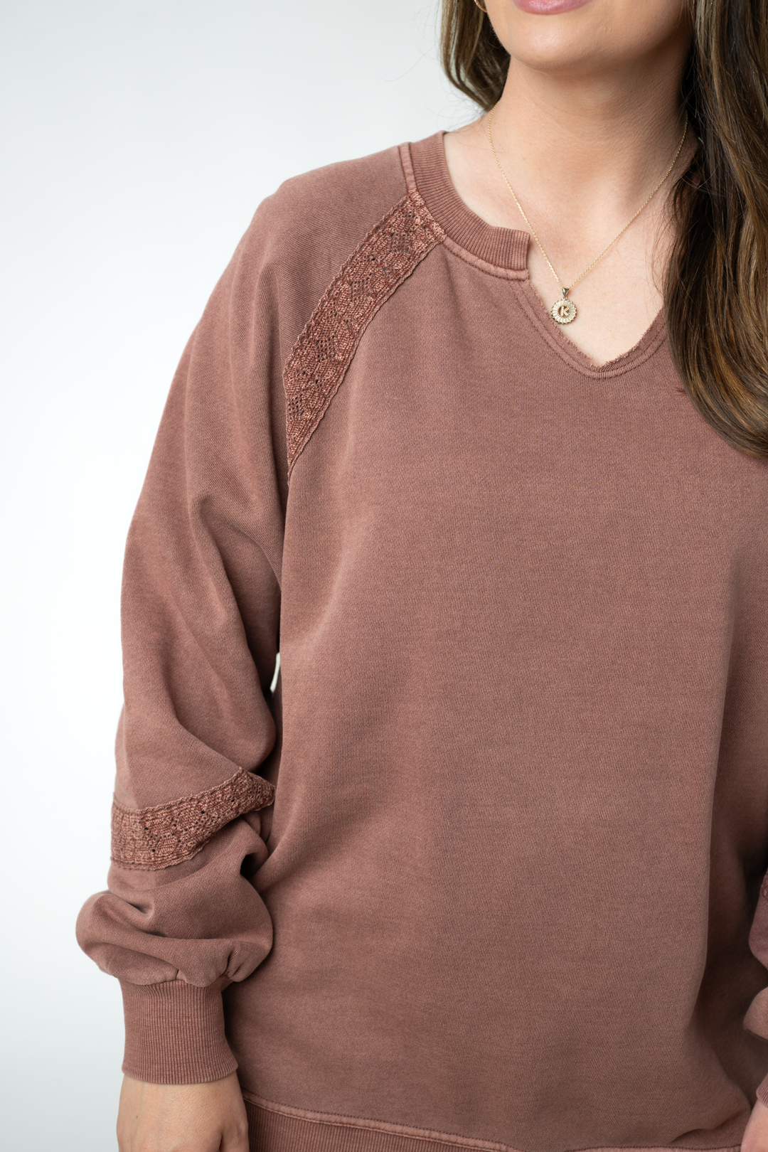 IN STOCK Lace Accent Vintage Wash Pullover - Brown