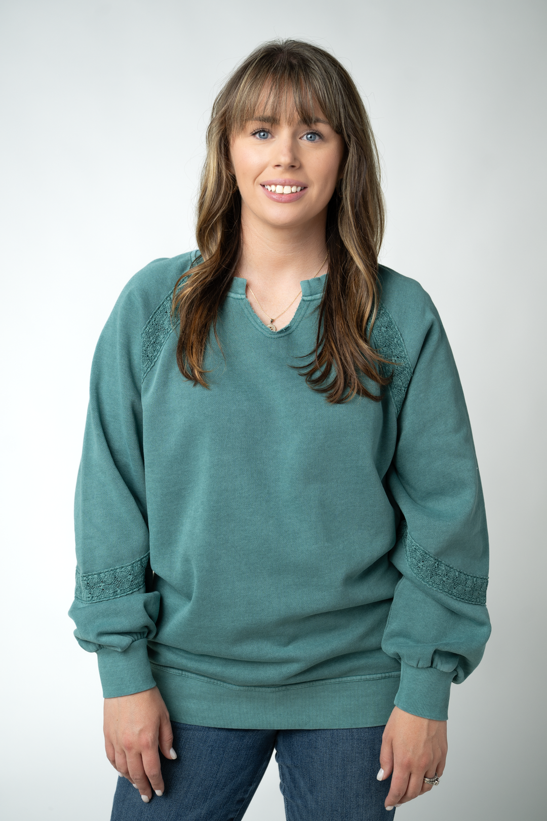 IN STOCK Lace Accent Vintage Wash Pullover - Teal