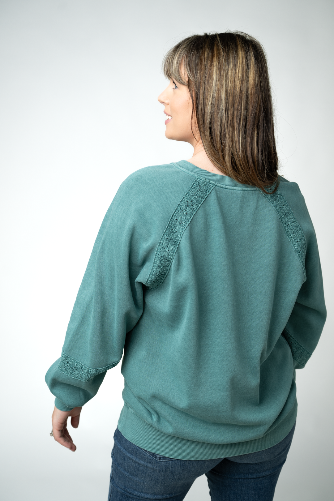 IN STOCK Lace Accent Vintage Wash Pullover - Teal