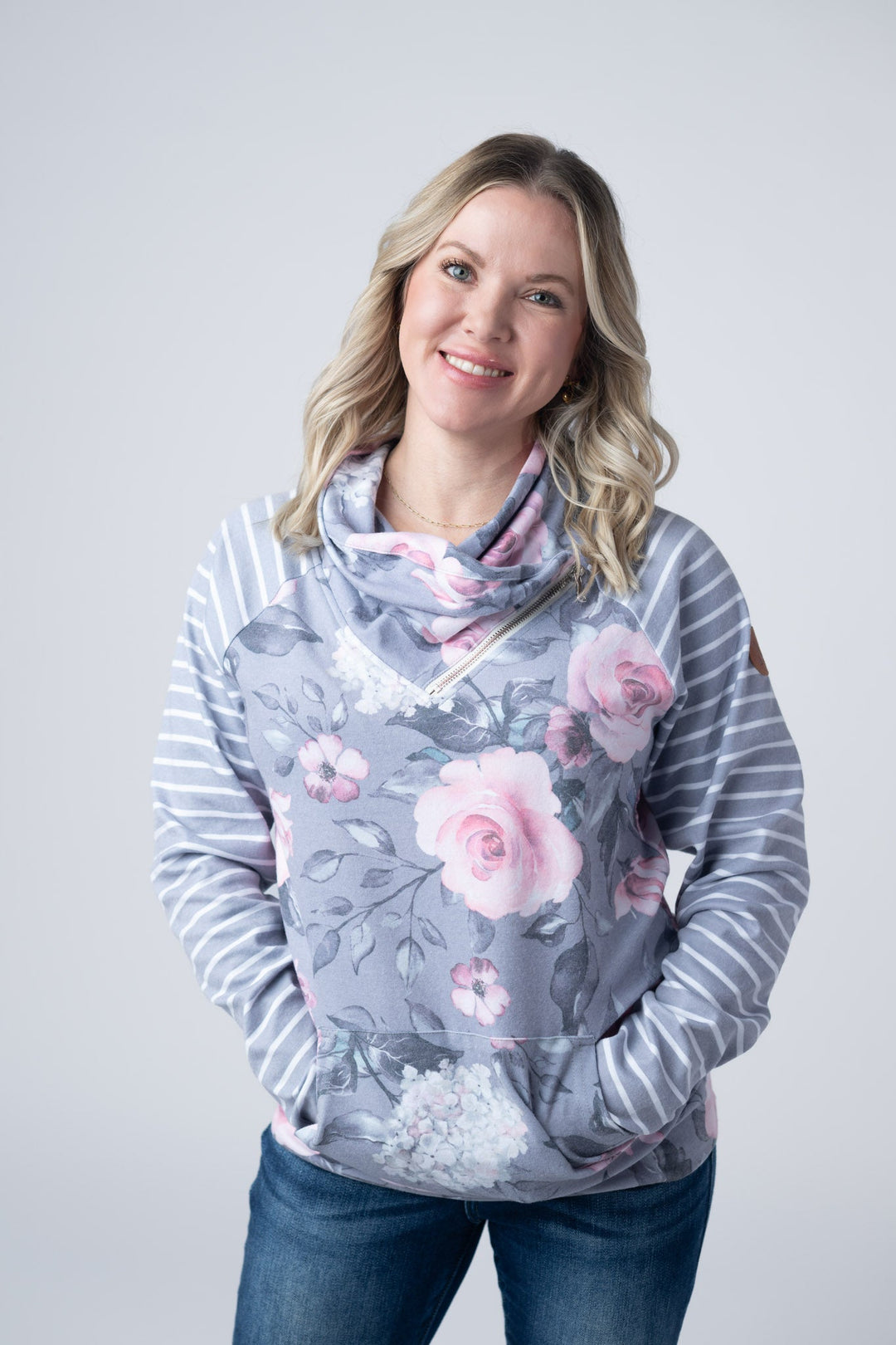 IN STOCK Classic Zoey ZipCowl Sweatshirt - Grey Floral and Stripes
