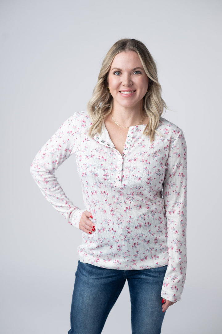 IN STOCK Button Snap Henley Top - Micro Pink Floral