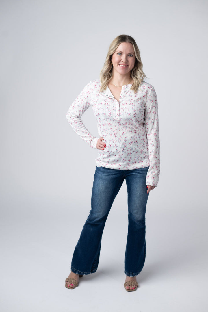IN STOCK Button Snap Henley Top - Micro Pink Floral
