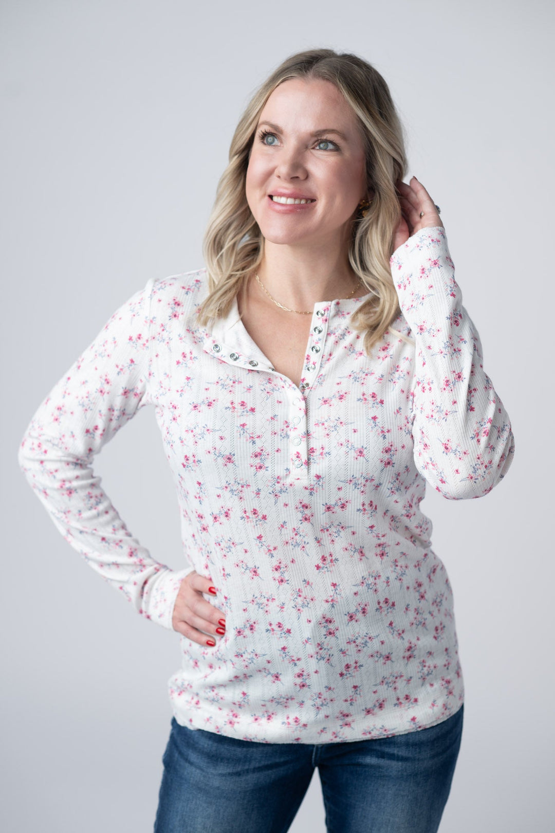 IN STOCK Button Snap Henley Top - Micro Pink Floral