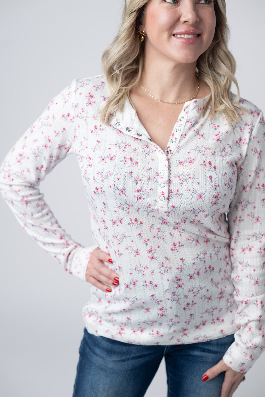 IN STOCK Button Snap Henley Top - Micro Pink Floral