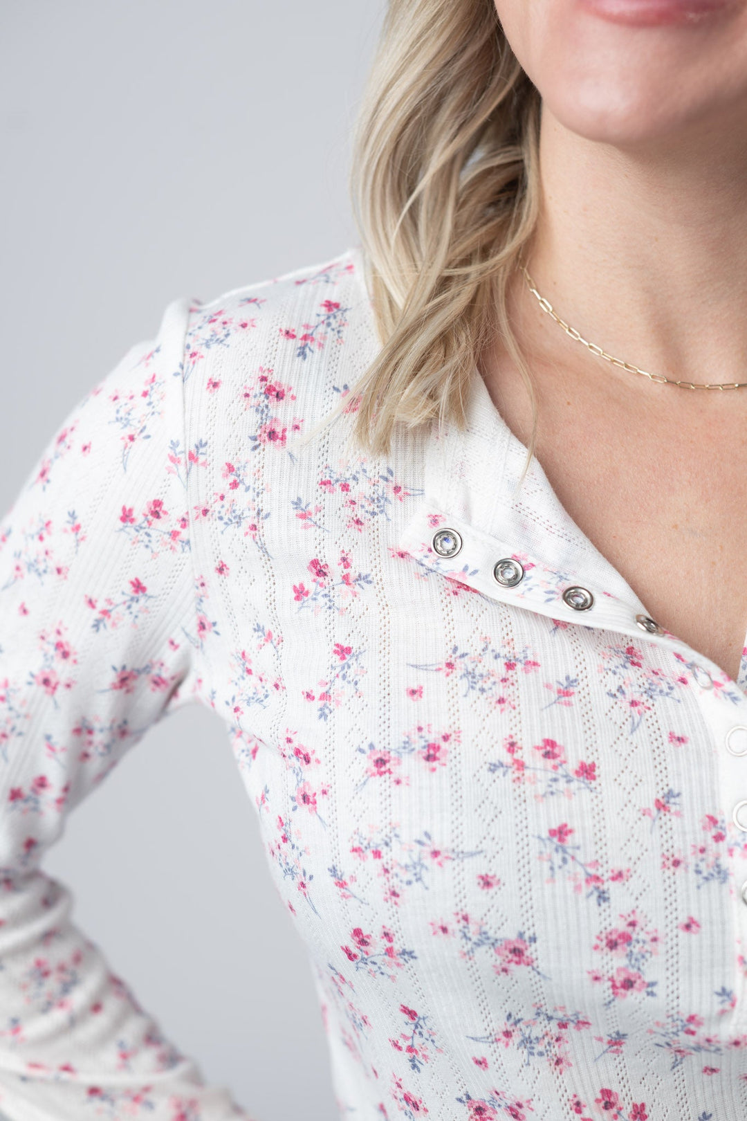 IN STOCK Button Snap Henley Top - Micro Pink Floral