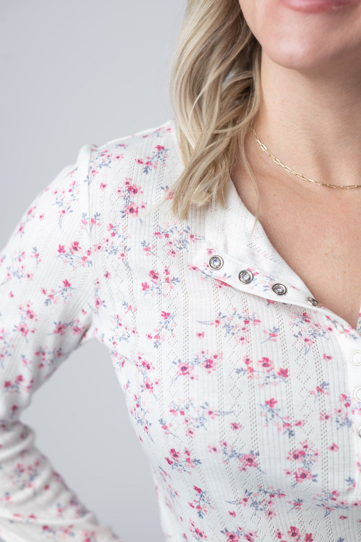 IN STOCK Button Snap Henley Top - Micro Pink Floral