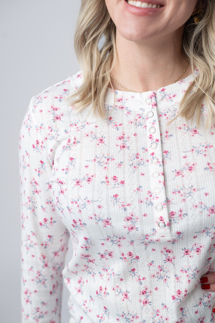 IN STOCK Button Snap Henley Top - Micro Pink Floral