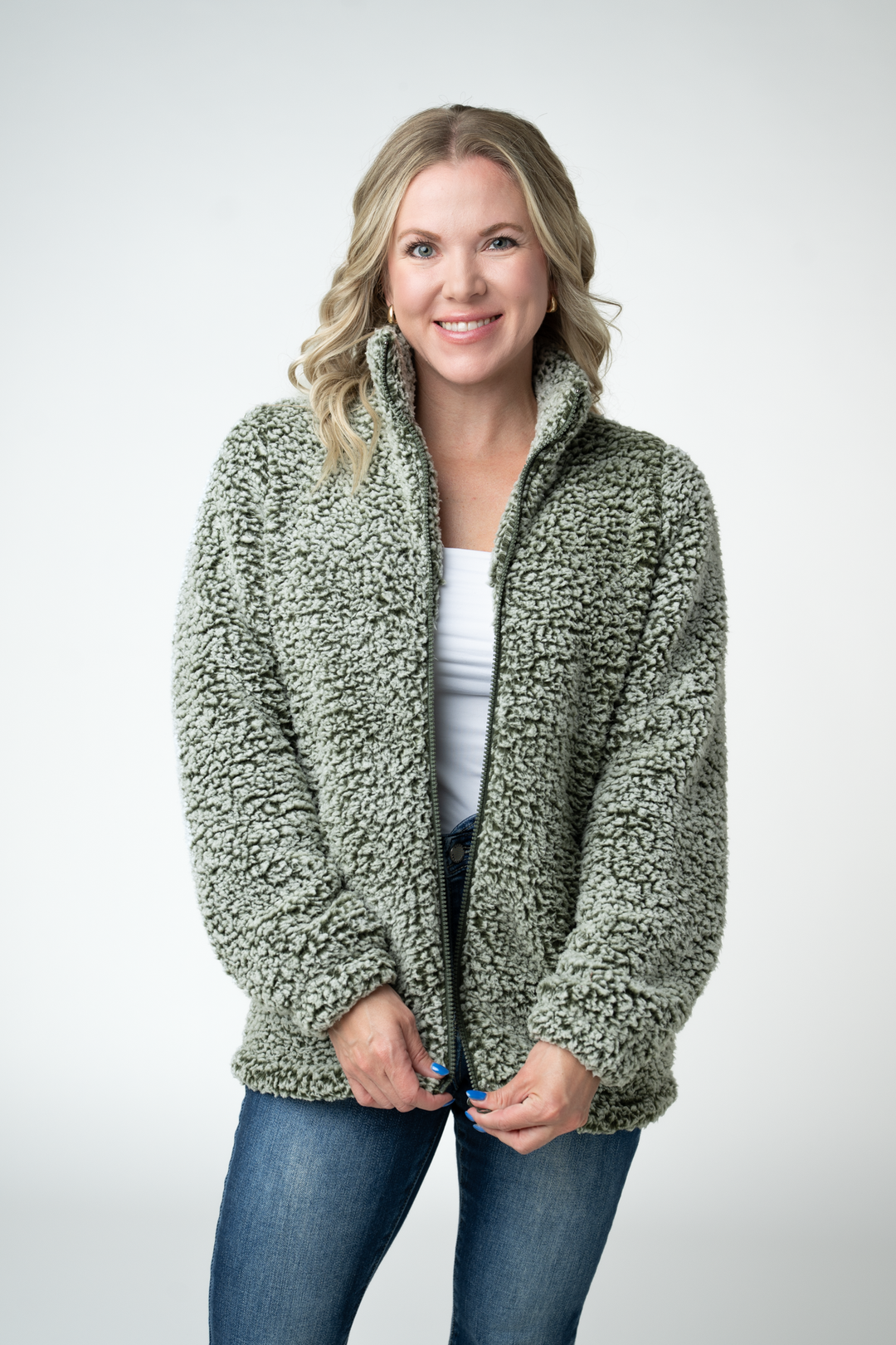 IN STOCK Two Tone Fullzip Sherpa - Olive and White