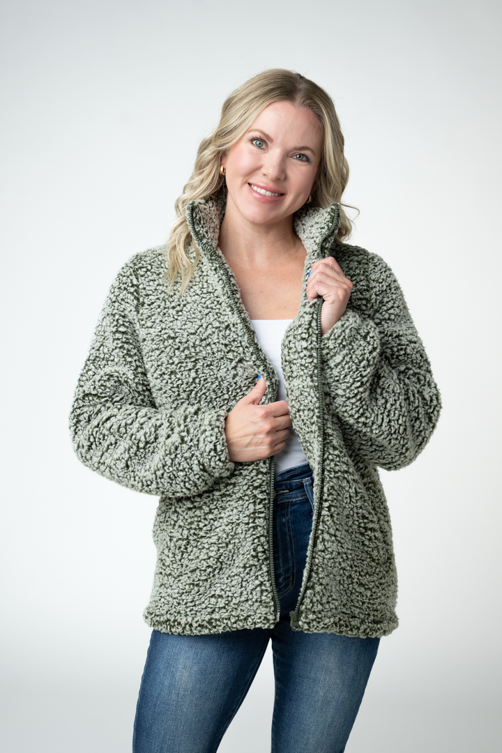 IN STOCK Two Tone Fullzip Sherpa - Olive and White