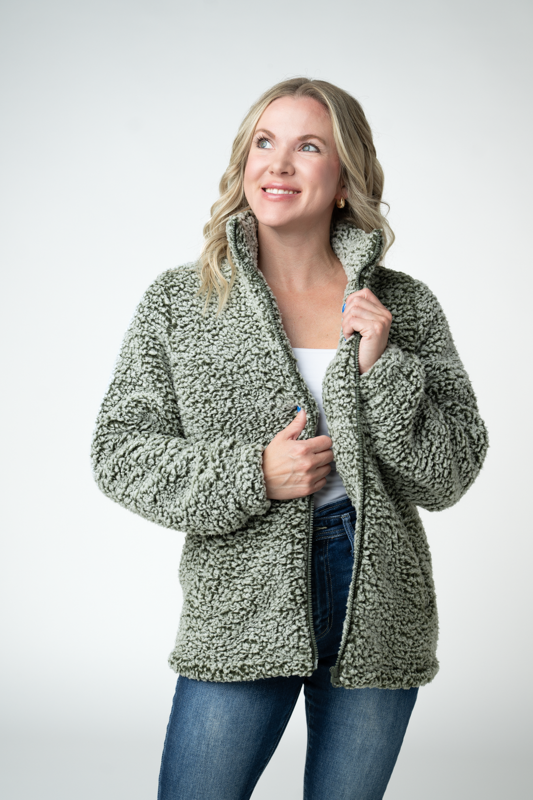 IN STOCK Two Tone Fullzip Sherpa - Olive and White