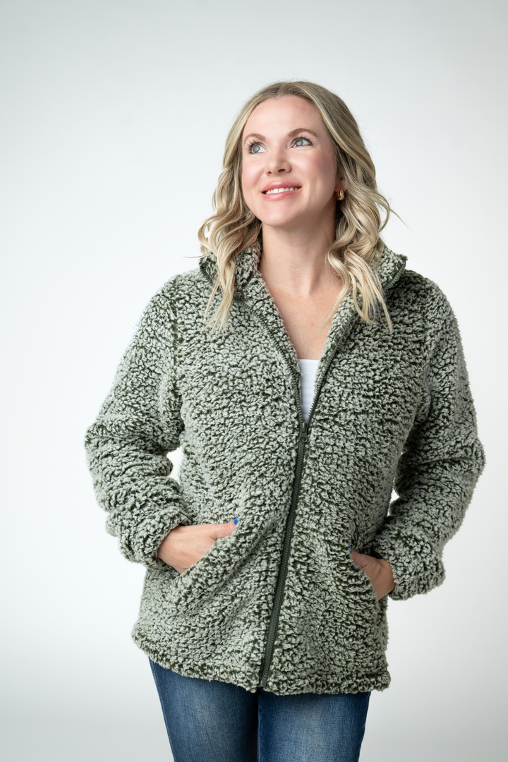 IN STOCK Two Tone Fullzip Sherpa - Olive and White