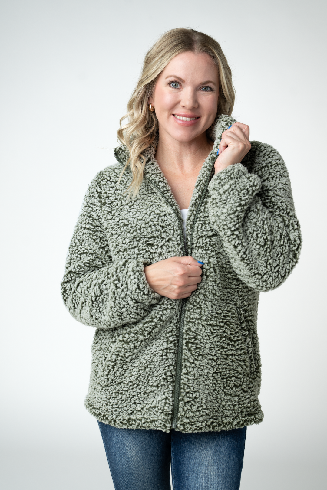 IN STOCK Two Tone Fullzip Sherpa - Olive and White