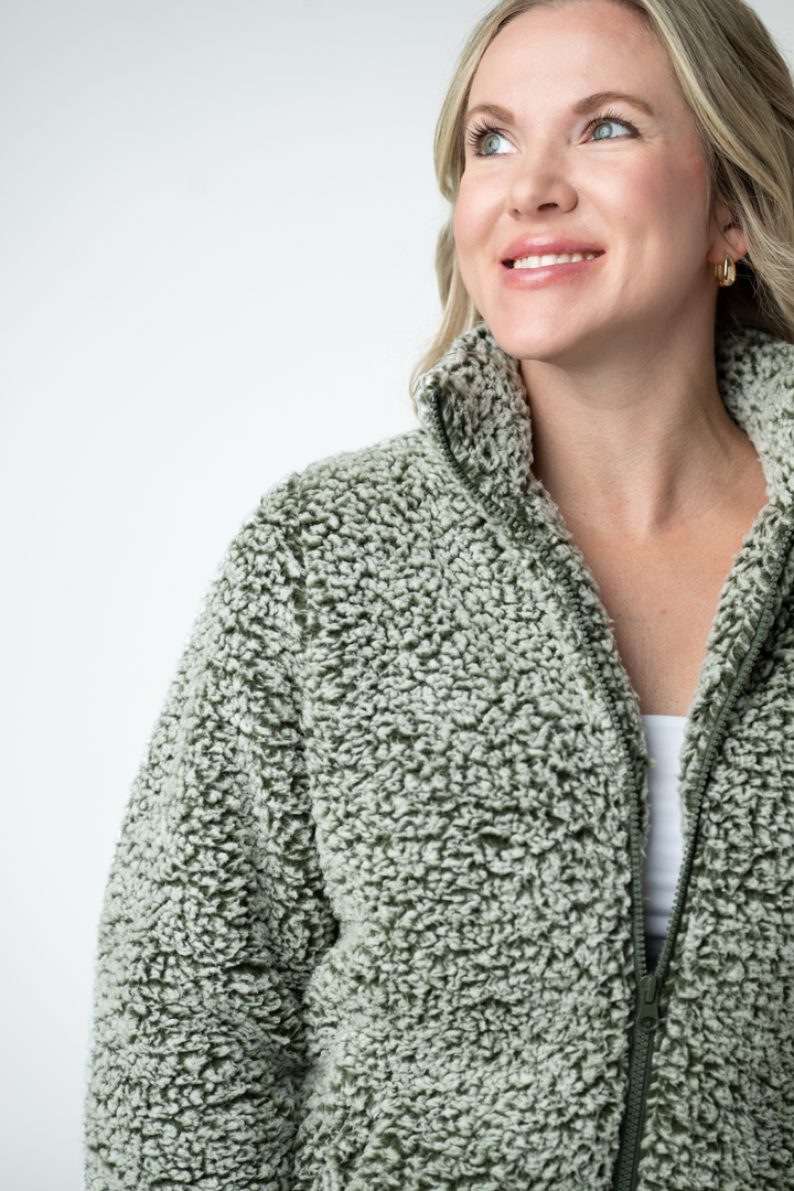 IN STOCK Two Tone Fullzip Sherpa - Olive and White