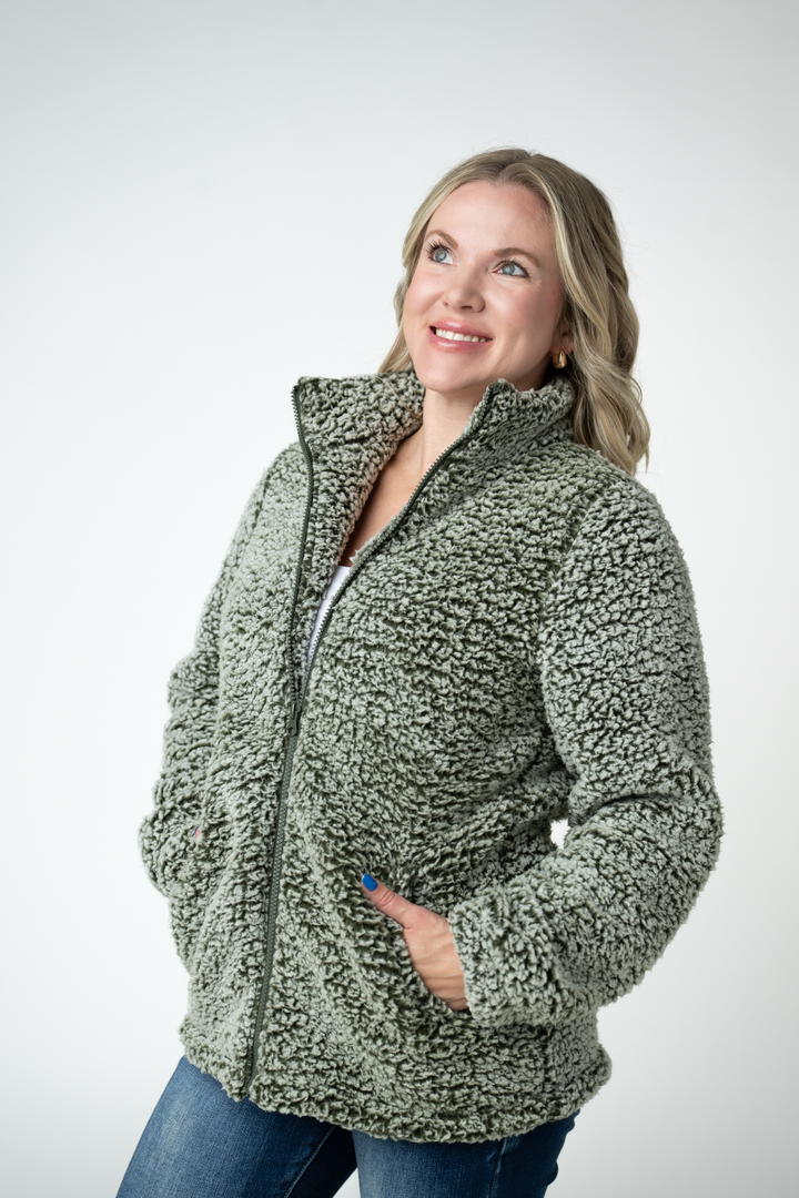 IN STOCK Two Tone Fullzip Sherpa - Olive and White