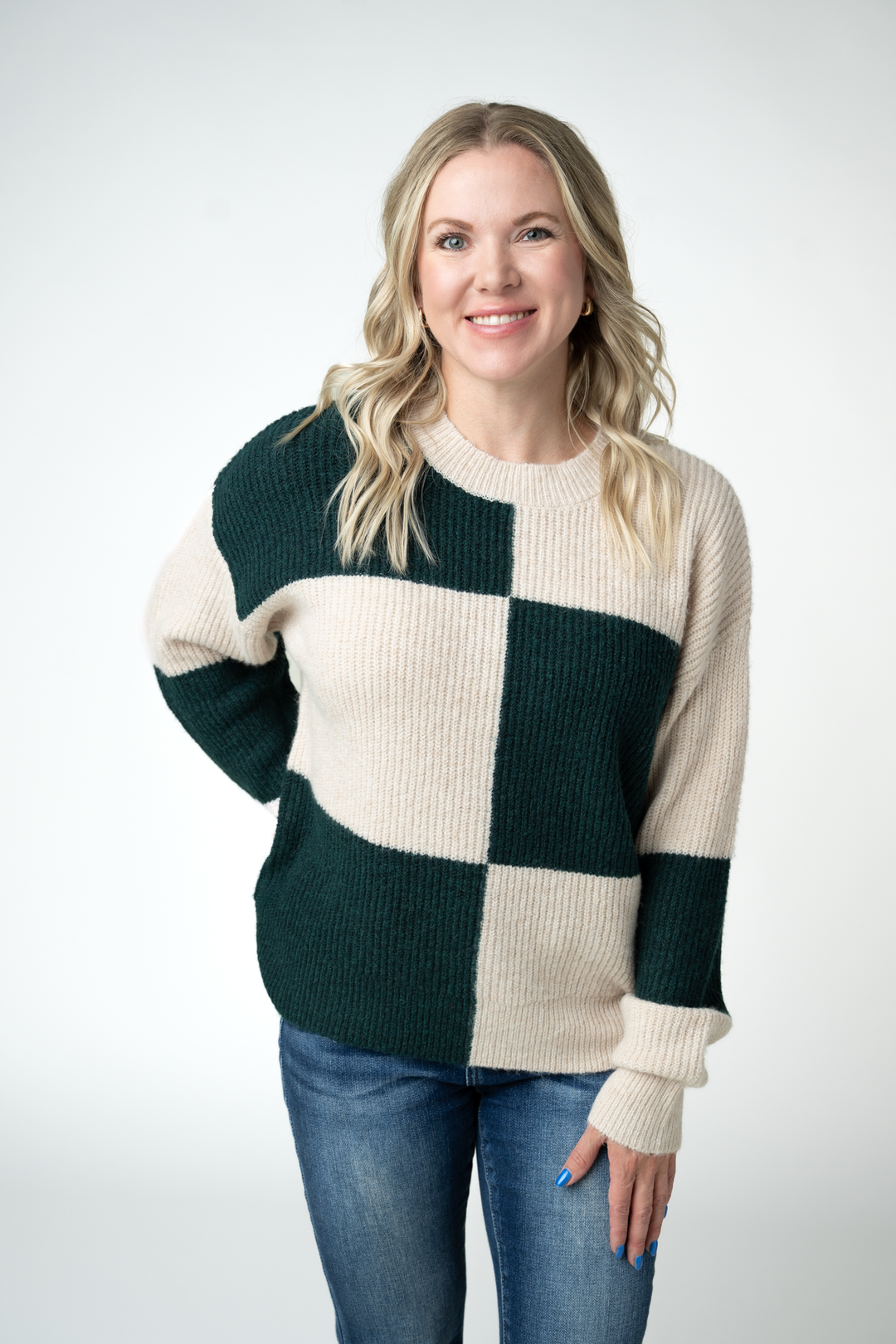 IN STOCK Checkered Block Sweater - Cream and Evergreen