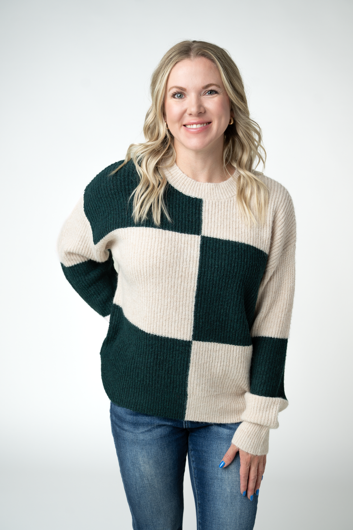 IN STOCK Checkered Block Sweater - Cream and Evergreen