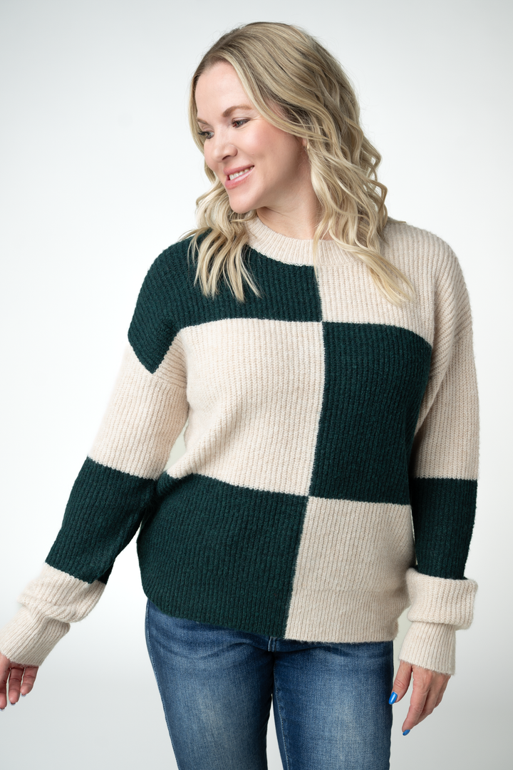 IN STOCK Checkered Block Sweater - Cream and Evergreen