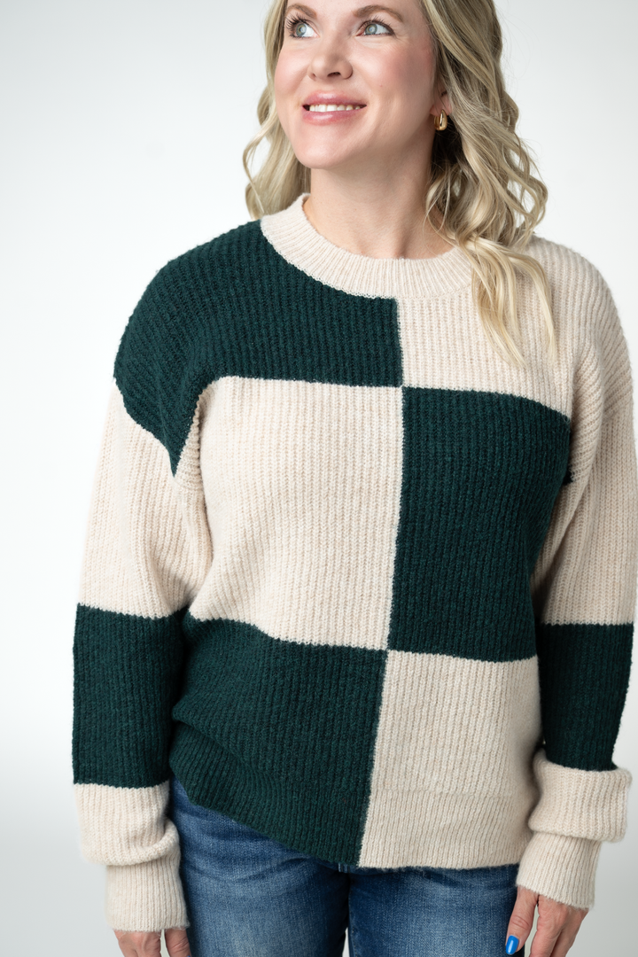 IN STOCK Checkered Block Sweater - Cream and Evergreen
